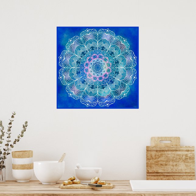 Mandala 12 Blue Teal on blue Background - Poster (Kitchen)