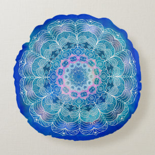 Mandala 12 Blue Teal on blue Background -  Round Cushion
