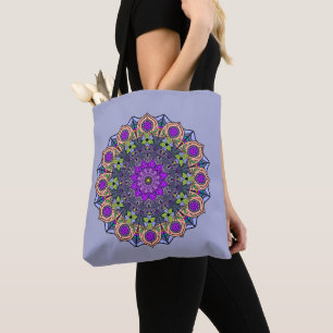 Mandala 12 Violet Peach Pink Green on Violet - Tote Bag