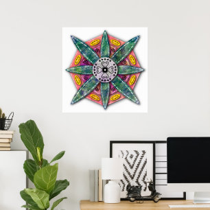 Mandala 8 green Flower petals on red Poster