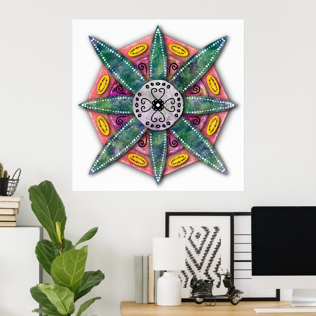 Mandala 8 green Flower petals on red Poster (Home Office)