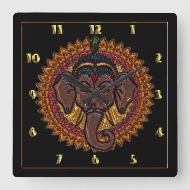 Mandala Adorable Elephant Metallizer Square Wall Clock (Front)