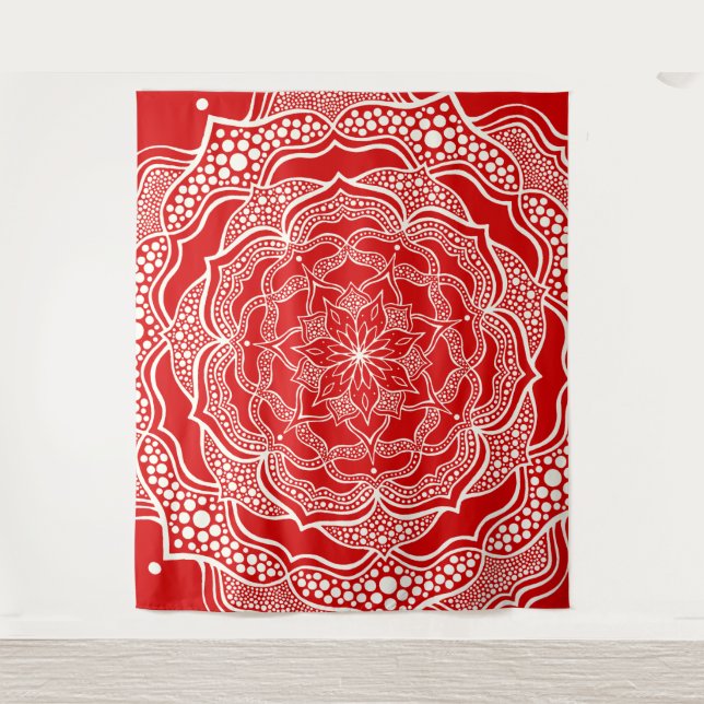 Mandala Art Boho Chic Elegant White Red Christmas Tapestry (Front)