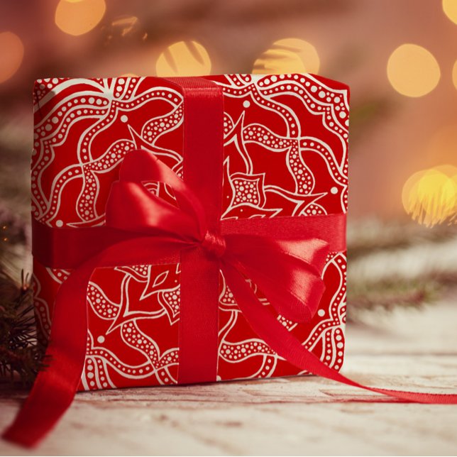 Mandala Art Boho Chic Elegant White Red Christmas Wrapping Paper (Creator Uploaded)