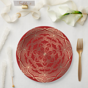  Mandala Art Boho Elegant Gold Dark Red Christmas Paper Plate