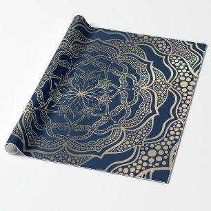 Mandala Art Boho Elegant Gold Navy Blue Christmas Wrapping Paper
