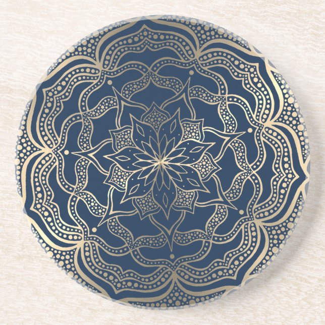 Mandala Art Boho Elegant Luxury Gold and Navy Blue Coaster (Front)