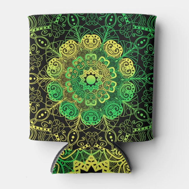 Mandala Art: Green Yellow Detail. Can Cooler (Front)
