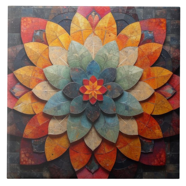 Mandala Art Textured Flower Ceramic Tile (Front)