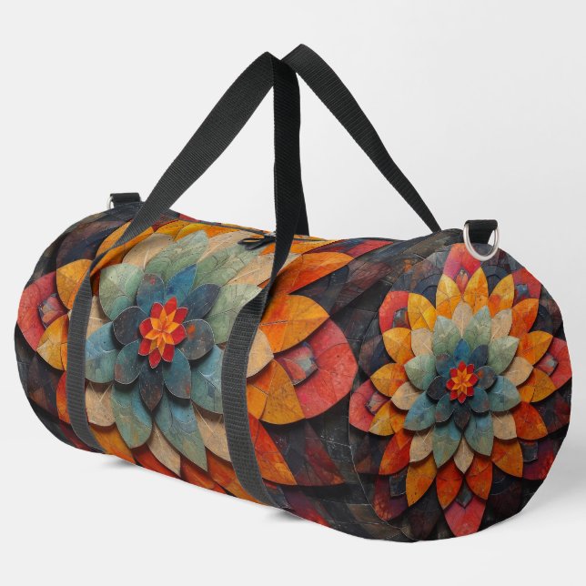Mandala Art Textured Flower Duffle Bag (Left Corner)