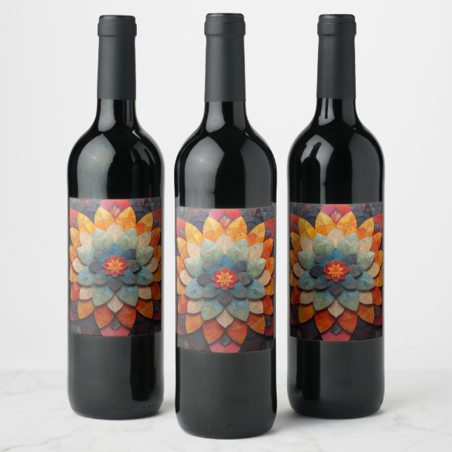 Mandala Art Textured Flower Wine Label (Bottles)