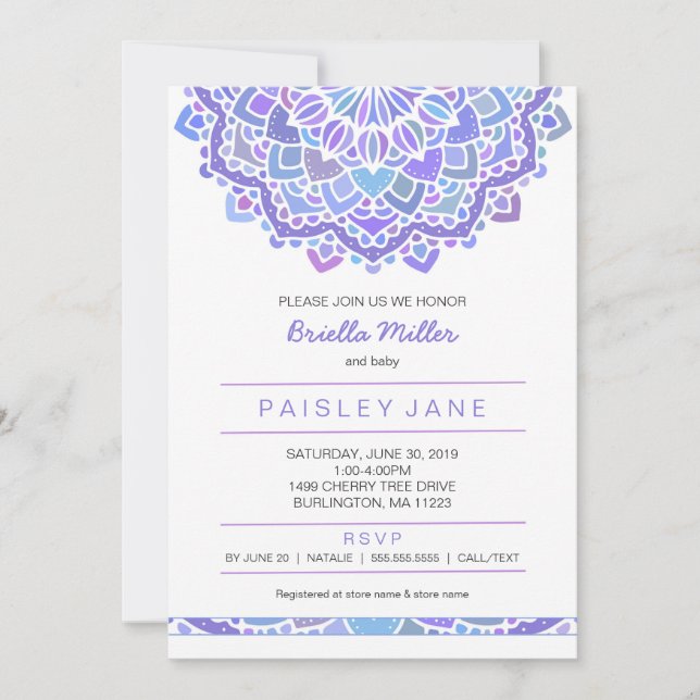 Mandala baby shower invite, girl purple boho invitation (Front)