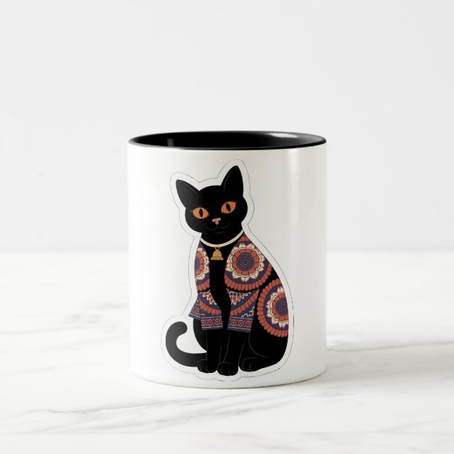 Mandala Black Cat Bell Collar Coffee Mug (Center)