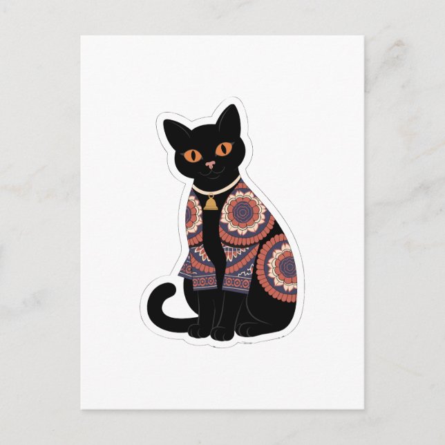 Mandala Black Cat Bell Collar Greeting Card (Front)