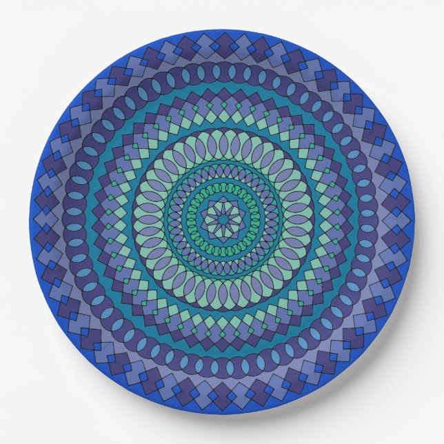 Mandala Blue and Green Party Paper Plates (Front)