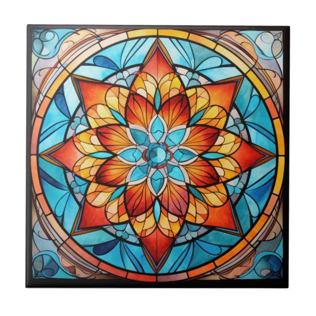 Mandala Blue and Orange Ceramic Tile (Front)