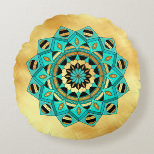 Mandala Blue Gold Black on Soft Gold Background Round Cushion