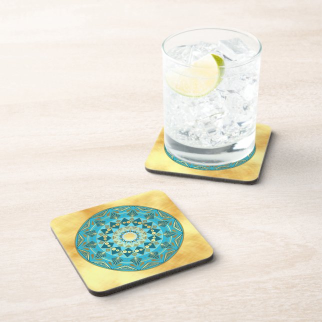 Mandala blue gold on Soft Gold Background Coaster (Right Side)