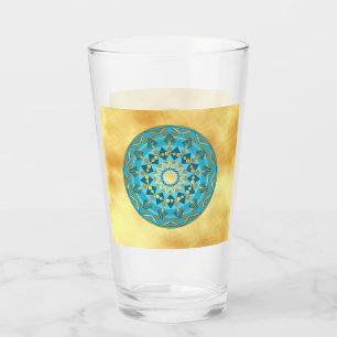 Mandala blue gold on Soft Gold Background Glass