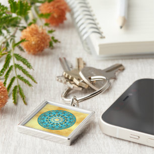 Mandala blue gold on Soft Gold Background Key Ring