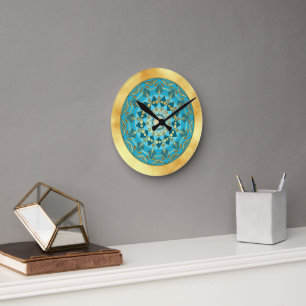 Mandala blue gold on Soft Gold Background Round Clock