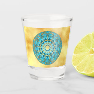 Mandala blue gold on Soft Gold Background Shot Glass