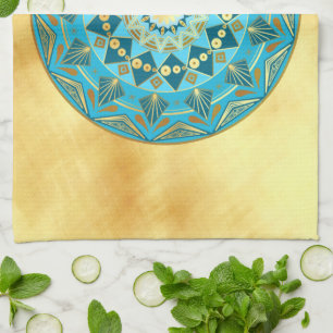Mandala blue gold on Soft Gold Background Tea Towel