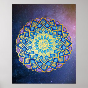 Mandala Blue Purple Golden Flower Galaxy Poster