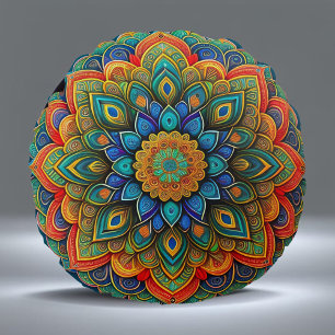 Mandala Blue Teal Colourful Illustration Round Cushion