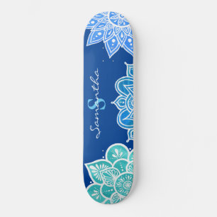 Mandala Blue White Turquoise Monogram Skateboard
