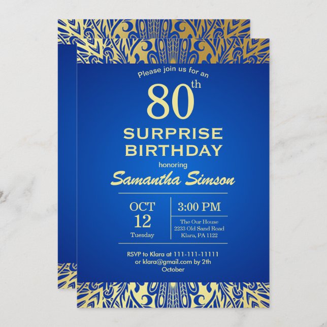 Mandala Blue With Gold 80th Birthday Invitation (Front/Back)