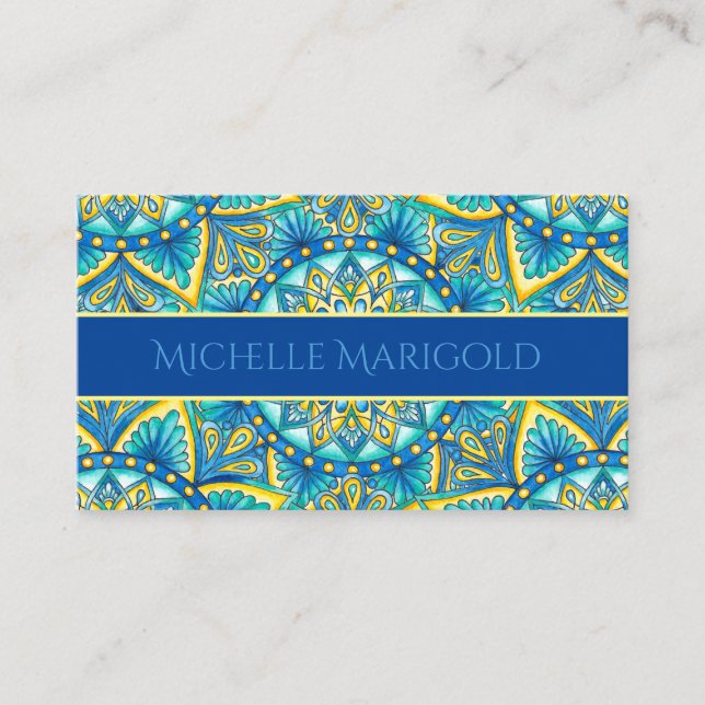 Mandala Blue Yellow Floral Yoga Instructor Business Card (Front)