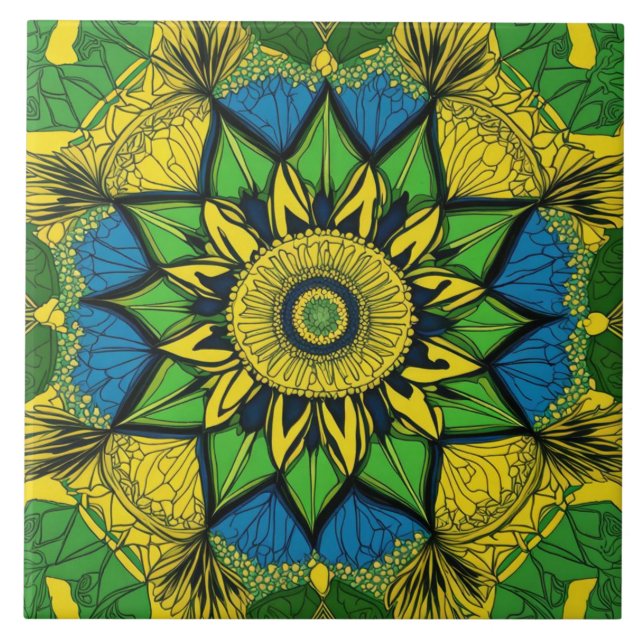 Mandala Bohemian Yellow, Green, Blue Ceramic Tile (Front)
