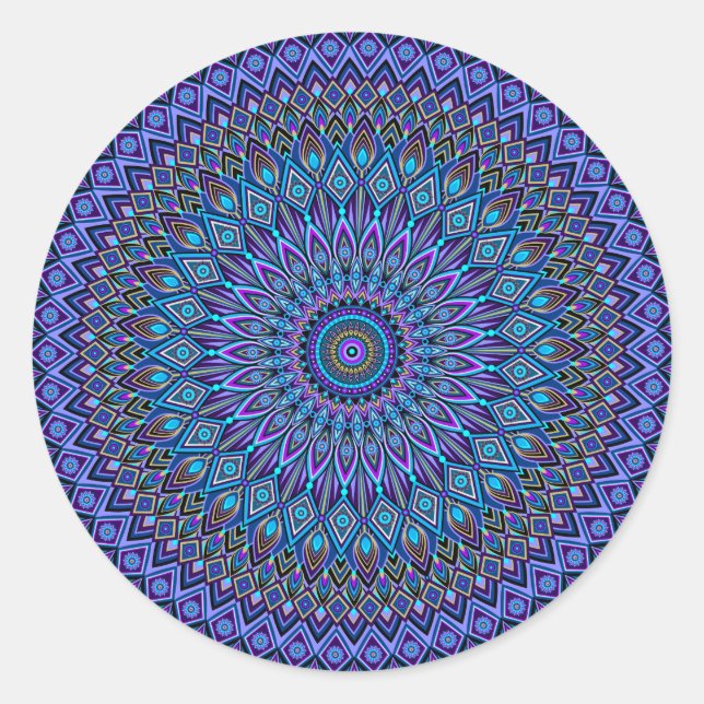 Mandala Boho Blue Teal Purple Peacock Gold Black Classic Round Sticker (Front)
