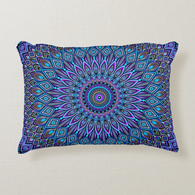 Mandala Boho Blue Teal Purple Peacock Gold Magic Decorative Cushion (Front)