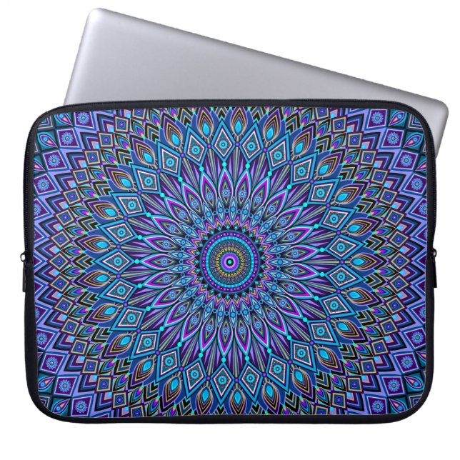 Mandala Boho Blue Teal Purple Peacock Gold Vibrant Laptop Sleeve (Front)