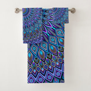 Mandala Boho Blue Teal Purple Peacock Oriental Bath Towel Set