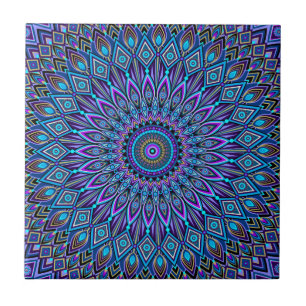 Mandala Boho Blue Teal Purple Peacock Oriental Ceramic Tile