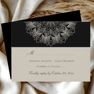 Mandala Boho Indian Elegant Black Wedding RSVP Card