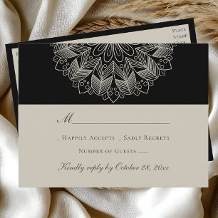 Mandala Boho Indian Elegant Black Wedding RSVP Invitation Postcard