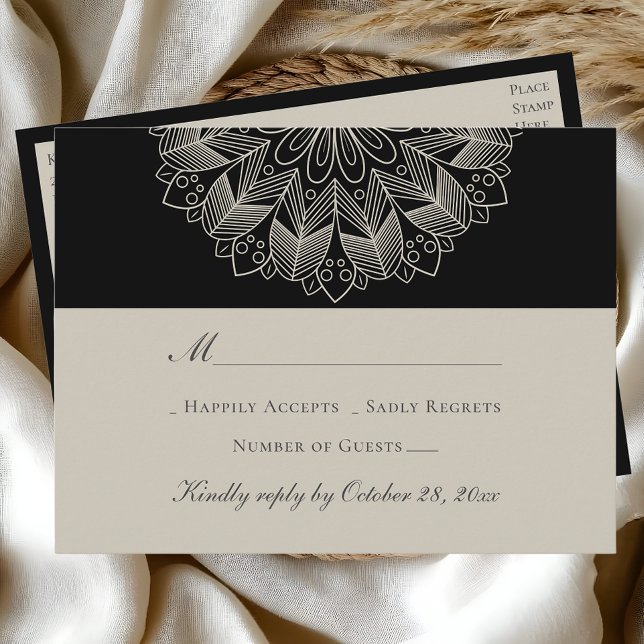 Mandala Boho Indian Elegant Black Wedding RSVP Invitation Postcard (Creator Uploaded)