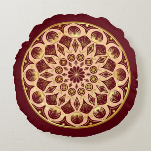 Mandala Bordeauxred Gold on Bordeauxred Background Round Cushion