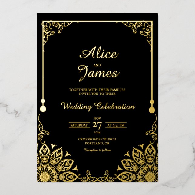 Mandala Border Black Gold Foil Wedding Invitation (Front)