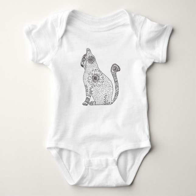 Mandala Cat Jersey Bodysuit, White Baby Bodysuit (Front)