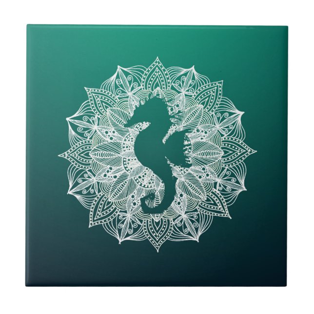 Mandala Circle Turquoise Seahorse Ceramic Tile (Front)