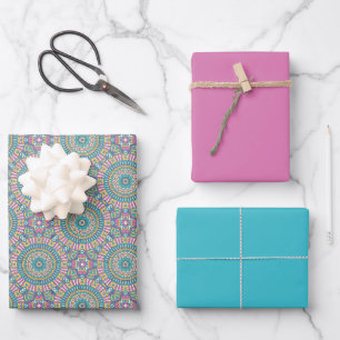 Mandala Circles Turquoise and Pink   Wrapping Paper Sheet