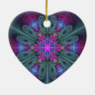 Mandala Colourful Fractal Art With Pink Heart Ceramic Ornament