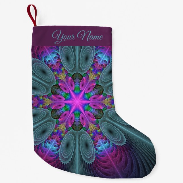 Mandala Colourful Fractal Art With Pink Own Name Small Christmas Stocking (Front)