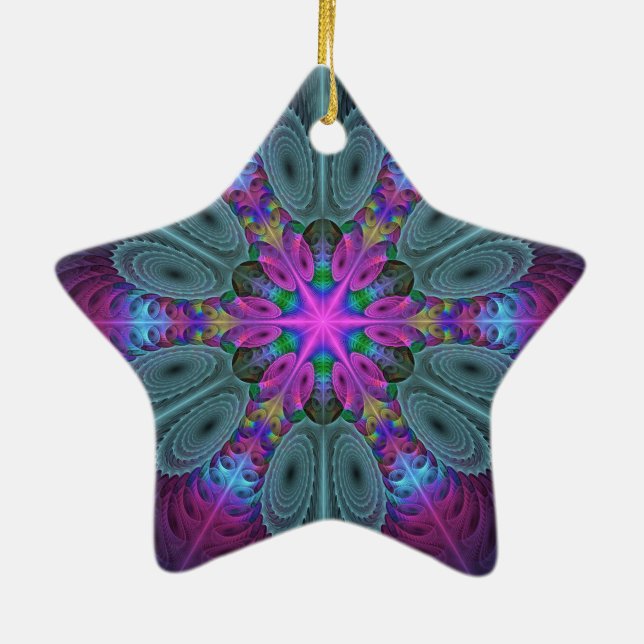 Mandala Colourful Fractal Art With Pink Star Ceramic Ornament (Back)