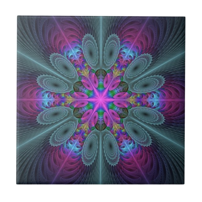 Mandala Colourful Spiritual Fractal Art With Pink Ceramic Tile (Front)